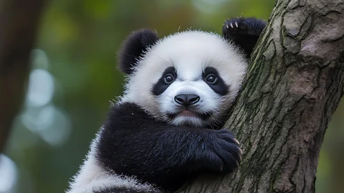 Juvenile giant panda in arboreal grip, telephoto study.