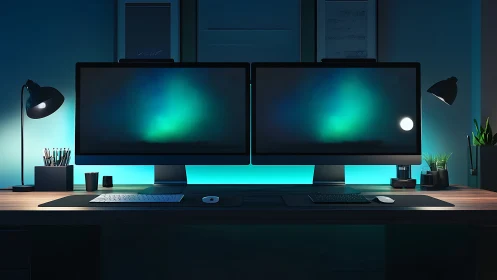Dual-monitor RGB workstation with symmetrical ambient lighting design