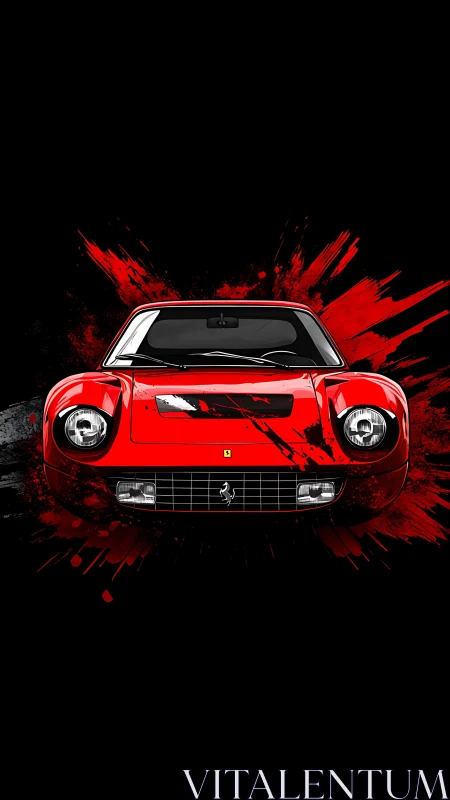 Front-view red sports car illustration with dynamic paint splashes