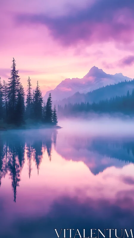 Mountain lake at sunrise with conifer silhouettes and mist.