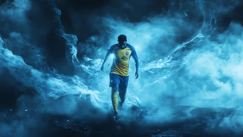 Electric midfield phantom strides through neon stormlight field.