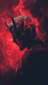 Infernal horned profile in crimson smoke and dramatic backlight.