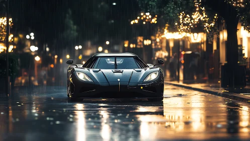 Midnight hypercar poised on rain-soaked city boulevard.