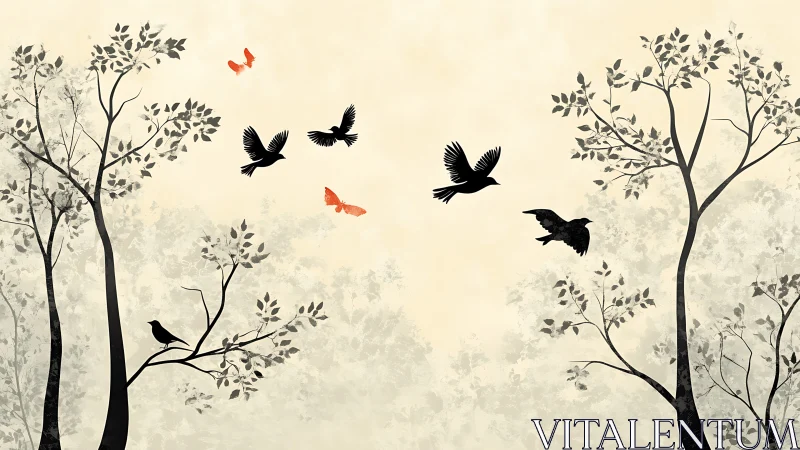 Silhouette Birds and Trees with Butterflies in Minimalist Style.