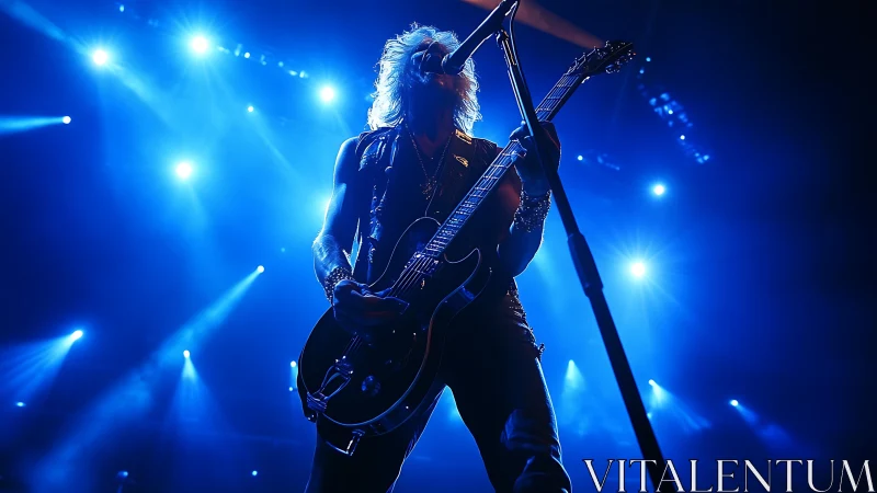 Rock guitarist under blue stage lights in dynamic low angle.