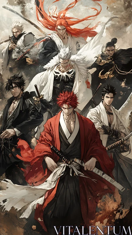 Stormbound samurai brotherhood strides through swirling embers.