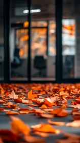 Fallen autumn leaves quietly transform a modern office floor