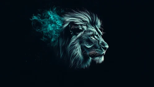 Neon cyan lion profile with smoke dispersion on black field.