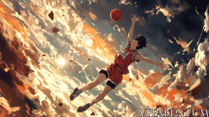 Soaring youth basketball leap framed by blazing clouds sky.