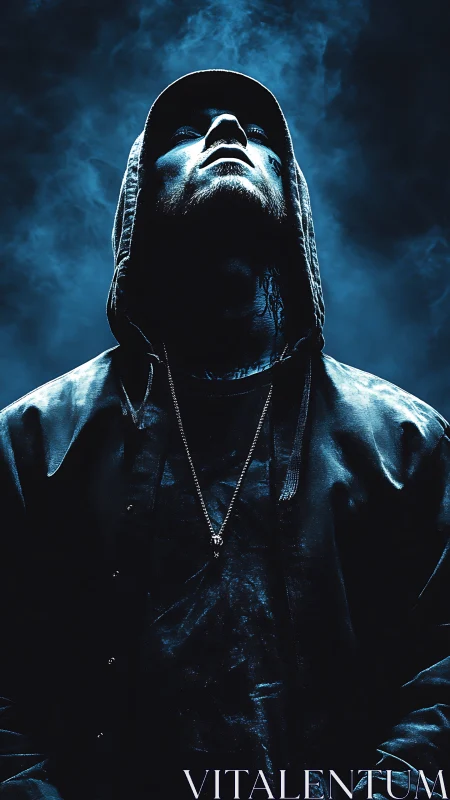 Hooded figure in upward pose under blue directional light.