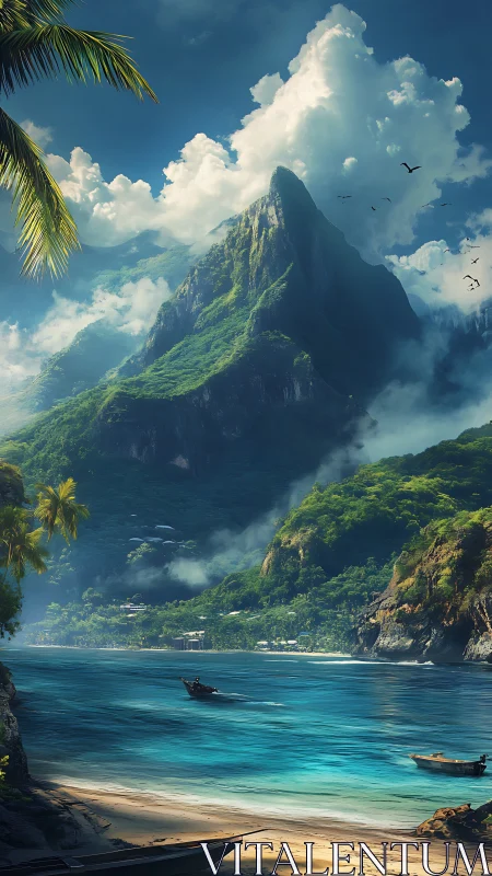 Mountainous tropical island coastline with cliffside harbor and boats