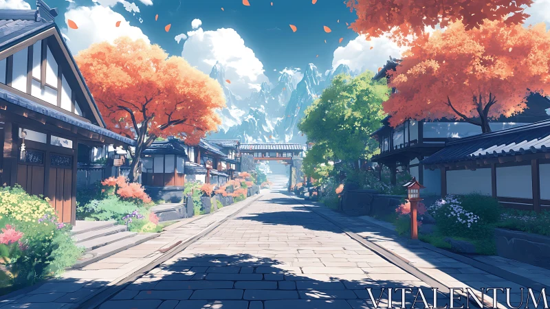 Sunlit traditional street with autumn maples and distant peaks