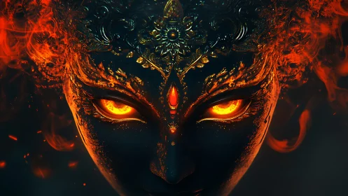 Ember-eyed goddess rising from swirling midnight flame.