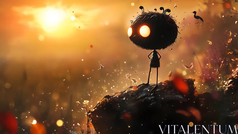 Backlit glowing-eyed creature surveys ember-filled dusk valley