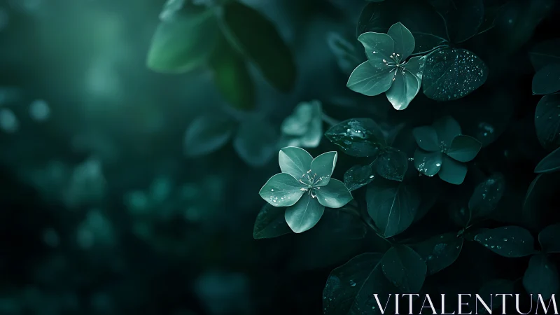 Emerald woodland flowers glow under moody dewy light.