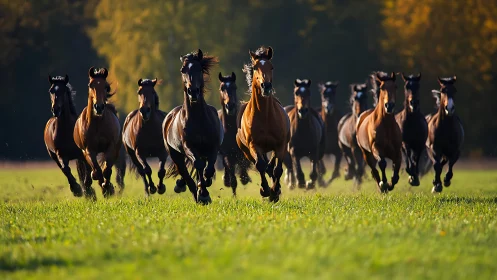 Galloping horse herd charges across sunlit green meadow