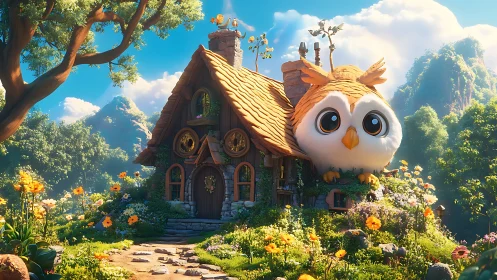 Whimsical owl cottage in lush floral valley, digital painting.