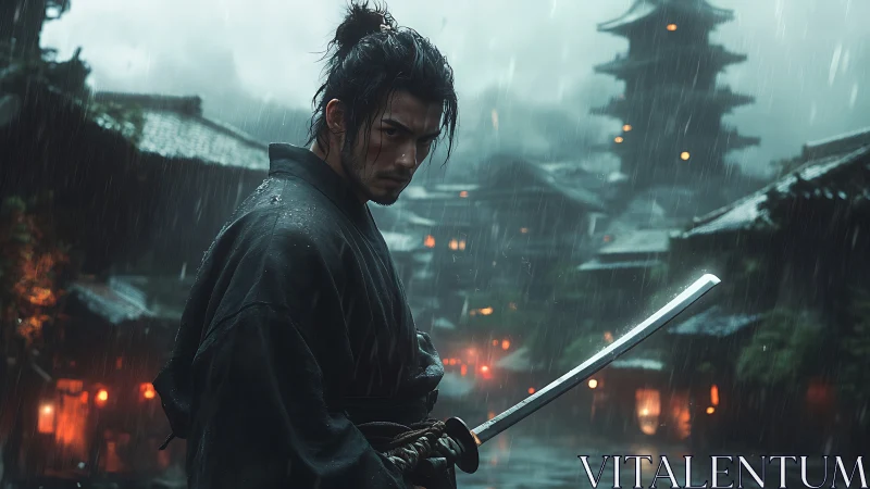 Ronin swordsman stands in rain-drenched samurai street.