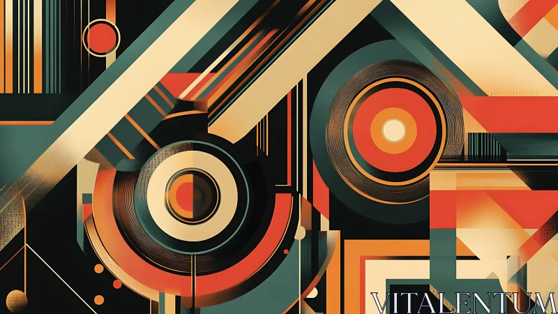 Geometric abstract art with bold circular and linear forms.