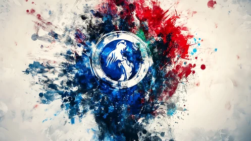 Bold lion emblem bursting through splashes of vivid color.