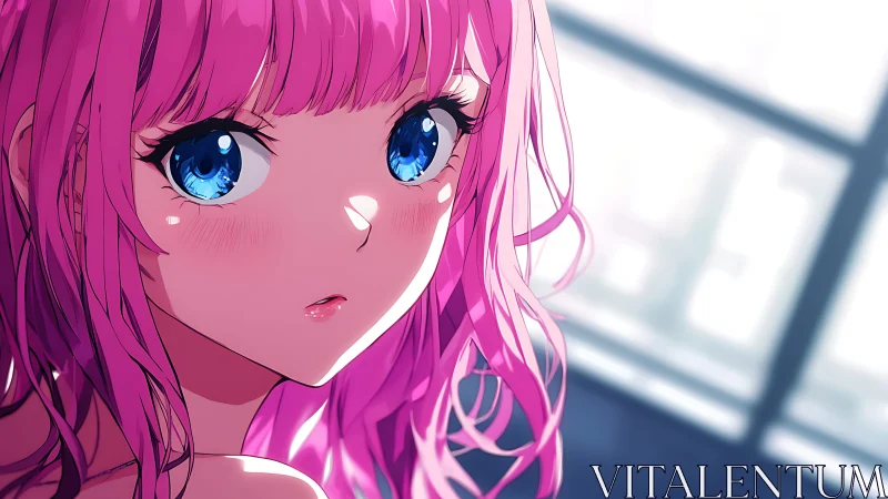 Pink haired anime girl portrait with blue eyes indoors.
