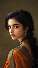 Elegant woman in ochre sari glows against muted backdrop