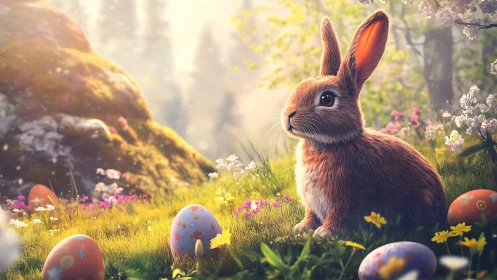 Rabbit sits among decorated eggs in soft forest light