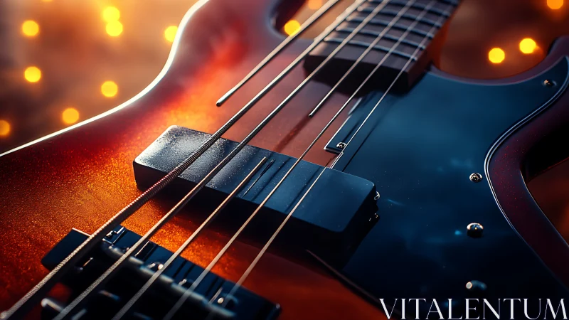 Macro view isolates bass guitar strings, pickups and glossy body