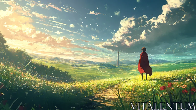 Lone wanderer in golden fields beneath a dreaming sky.