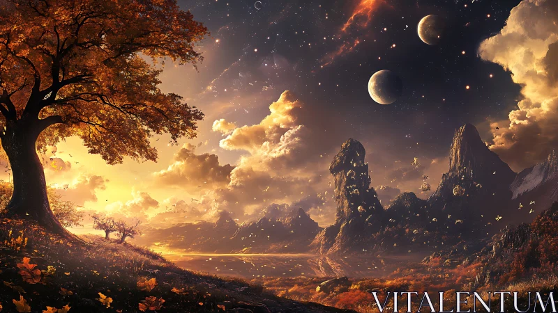 Celestial autumn valley rendered in high-fantasy digital painting