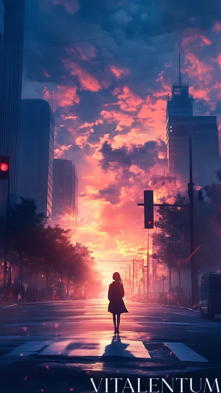 Silhouetted figure walks city street under burning sunset sky