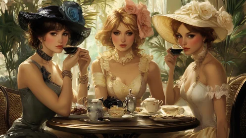 Victorian tea salon trio in lavish sunlit elegance.