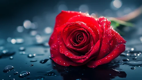 High-resolution red rose with water droplet surface tension and bokeh background depth