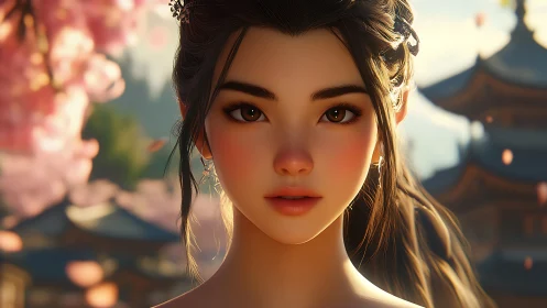 Anime heroine glows amid sunset cherry blossoms and pagoda