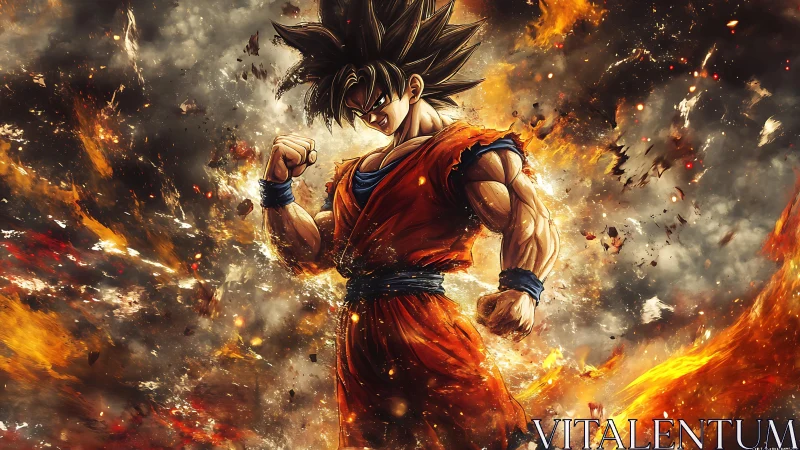 Fiery anime warrior in explosive, high-contrast battle aura.