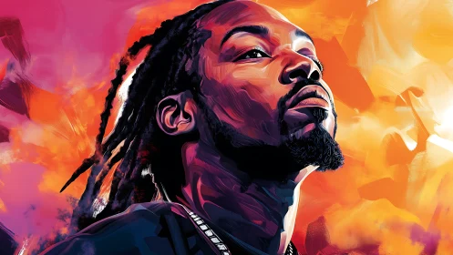 Luminous hip hop portrait ignites in neon fire and dawn skies.