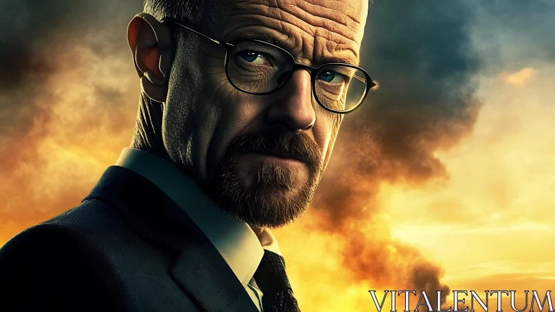 Stern suited man before burning sunset smoke clouds.