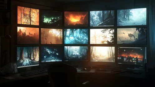 Command chair of worlds: gamer surrounded by living screens.