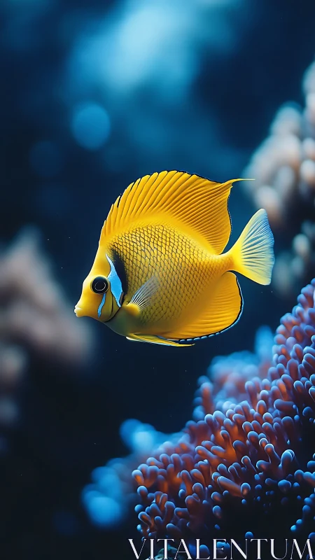 Yellow reef fish glides above coral in deep blue water.
