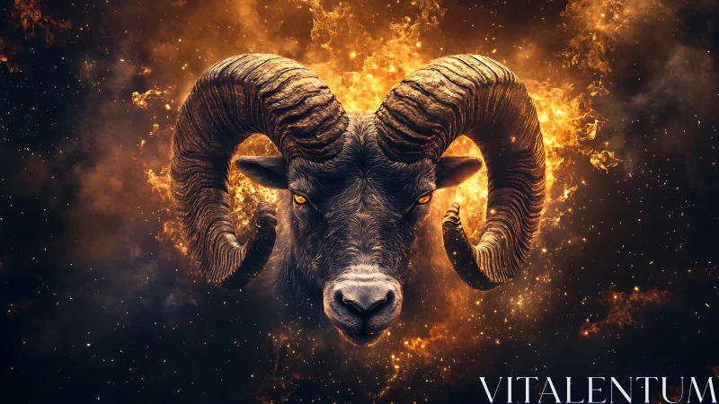 Fiery ram portrait with glowing horns in cosmic blaze.