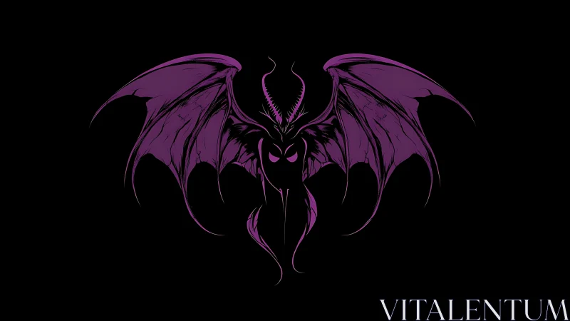Purple demonic bat silhouette spreads wings on black void