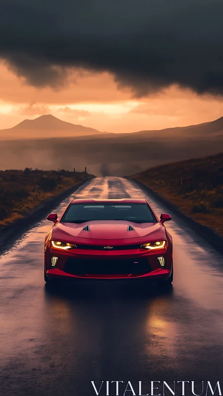 Scarlet muscle car on stormy dusk highway horizon.