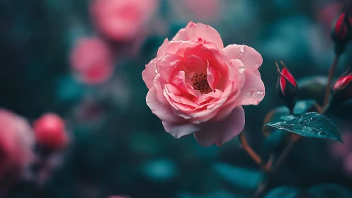Pink rose bloom against blurred teal foliage background.