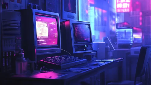 Dual CRT workstations display neon-illuminated terminal interfaces