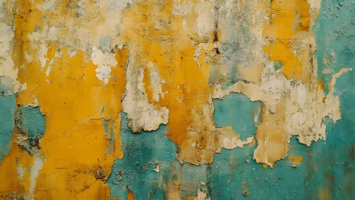 Weathered Wall Texture with Peeling Yellow and Blue Paint, Abstract Style.