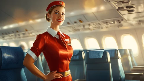 Flight attendant in vivid red uniform aboard airliner cabin.