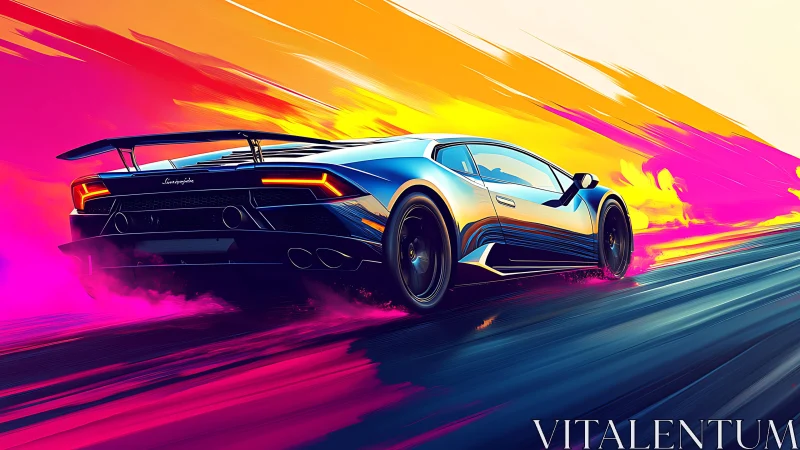 Lamborghini supercar on neon highway at high speed.