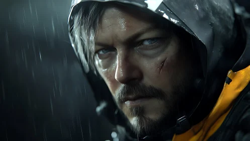 Close-up digital portrait of hooded man in rainfall conditions.