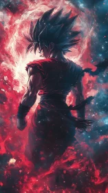 Cosmic warrior strides through a storm of scarlet starlight