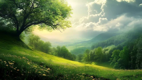 Sunlit emerald valley under dramatic gathering clouds.